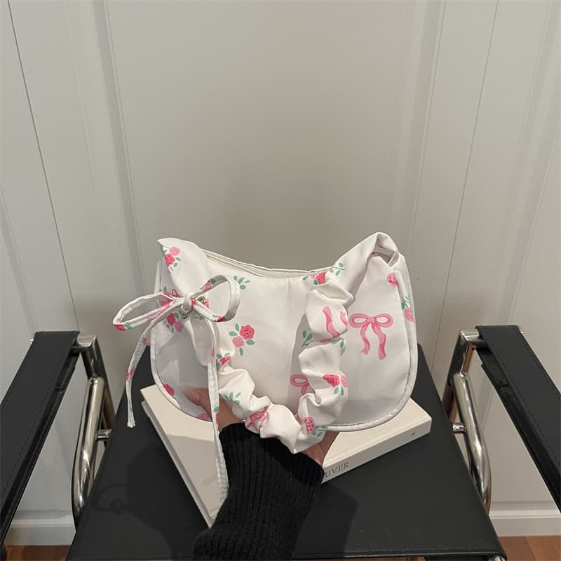 Gentle Sweet Floral Canvas Bag for Women 2025 New Drawstring Shoulder Bag High-Aesthetic Printed Butterfly Bow Underarm Bag