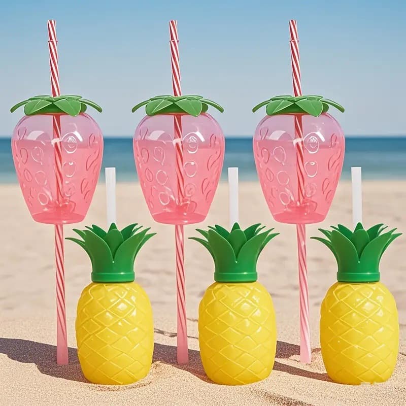 Cross-border wholesale strawberry pineapple cup cute shaped cup disposable plastic straw cup transparent PET with straw