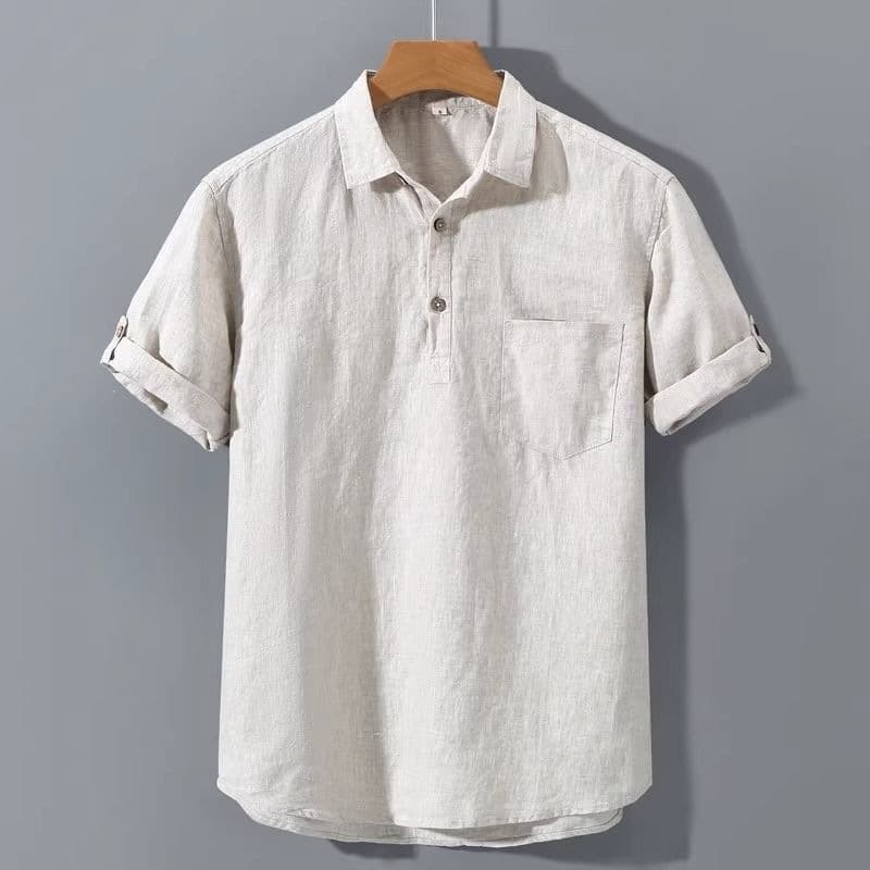 Summer Pure Linen Men's Short Sleeve Shirt, New Chinese Style with Collar, Full Linen Half Sleeve Men's Shirt