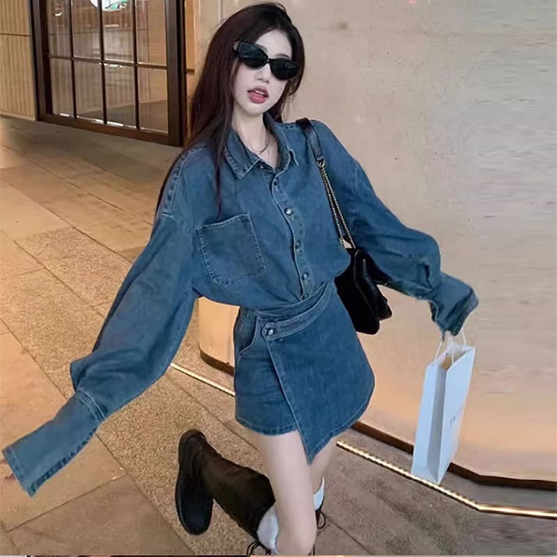 Salt Series Early Autumn Women's Jeans Coat Two-Piece Set Cotton Denim Knee-Length Skirt Vintage Hong Kong Style Light Maturity