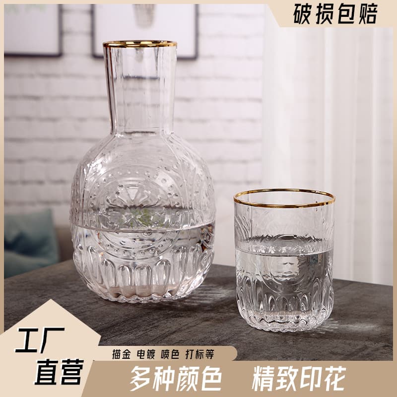 Amazon glass embossed and carved cold water pitcher set, household thickened heat-resistant cold water pitcher, water container, glass cup