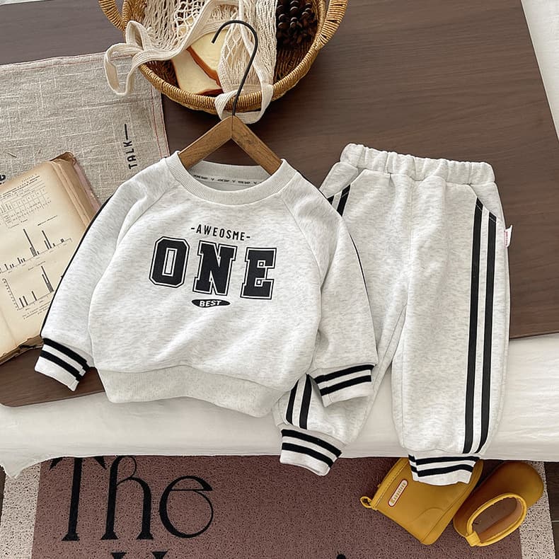 Kids Boys Autumn Crew Neck Set 2026 New Style Little Boys Spring Letter Stripe Crew Neck Sweatshirt 2-Piece Set