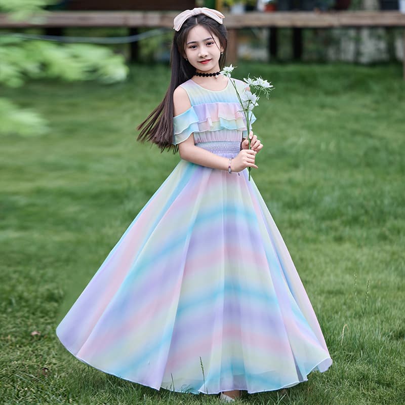 Girls Rainbow Long Dress Summer 2025 New Chiffon Kids Princess Dress for Girls Big Kids