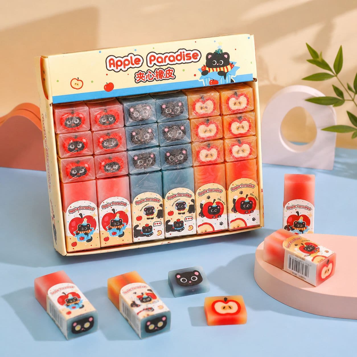 Cartoon Apple Cat Sandwich Cuttable Eraser for Elementary Students, Low-Dust Cartoon Correction Eraser, Clean Erasing, Wholesale