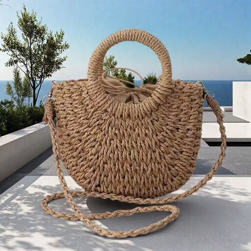 Small Round Alphabet Ribbon Crossbody Bag Paper Rope Half Round Handwoven Bag Vacation Shoulder Handbag Yuan Dou Phone Bag
