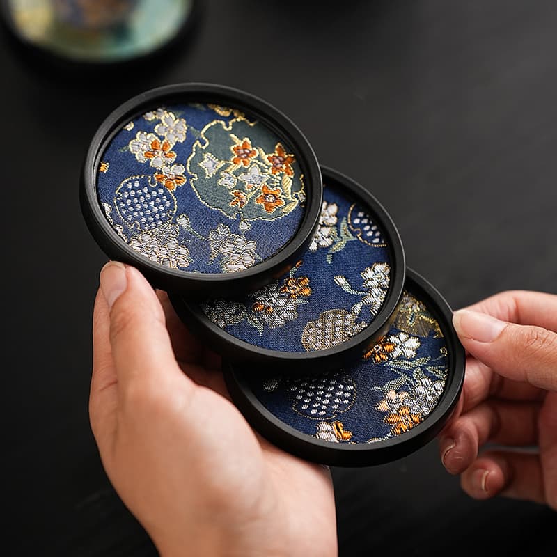 Hundred Flowers Brocade Absorbent Coaster, Melamine Base Tea Cup Holder, Retro Kung Fu Tea Ceremony Insulating Anti-Scald Mat