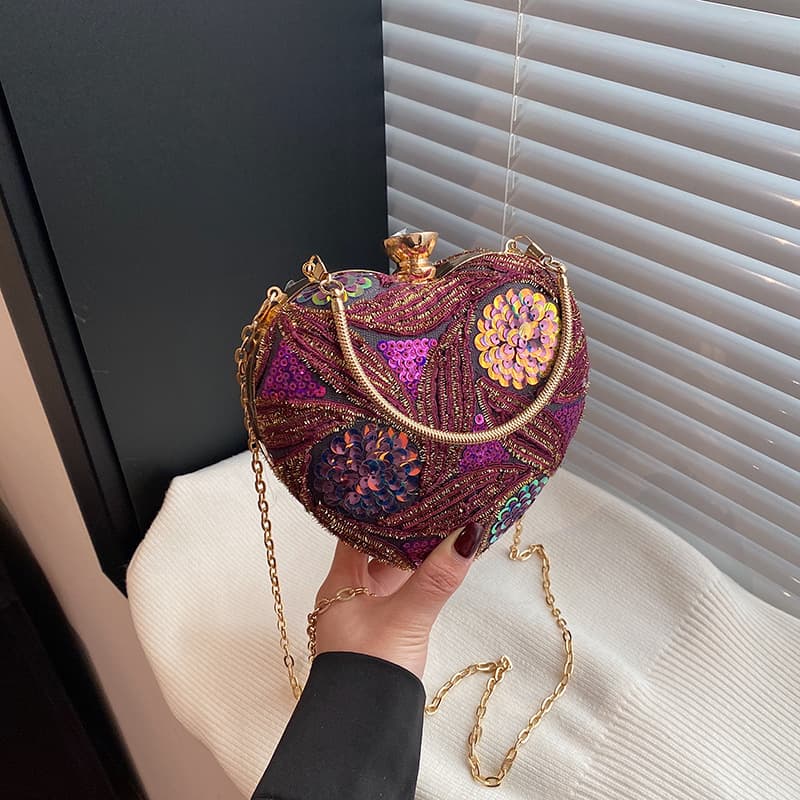 Cross-Border Women's Evening Bags 2026 New Fashion Sequin Handbag Trendy Chain Heart-Shaped Shoulder Crossbody Bag