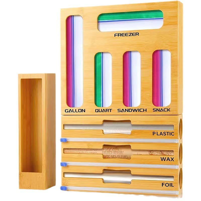 Bamboo Plastic Wrap Storage Box Kitchen Drawer Plastic Wrap Cutter Box Storage Bag Dispenser Wall-Mounted