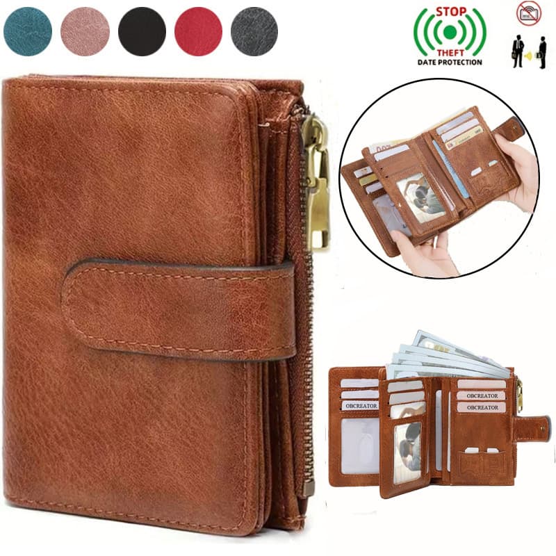 New Cross-Border RFID Anti-Skimming Women's Wallet, Multi-Card Slot Simple Tri-Fold Leather Wallet, European and American Retro Short Wallet