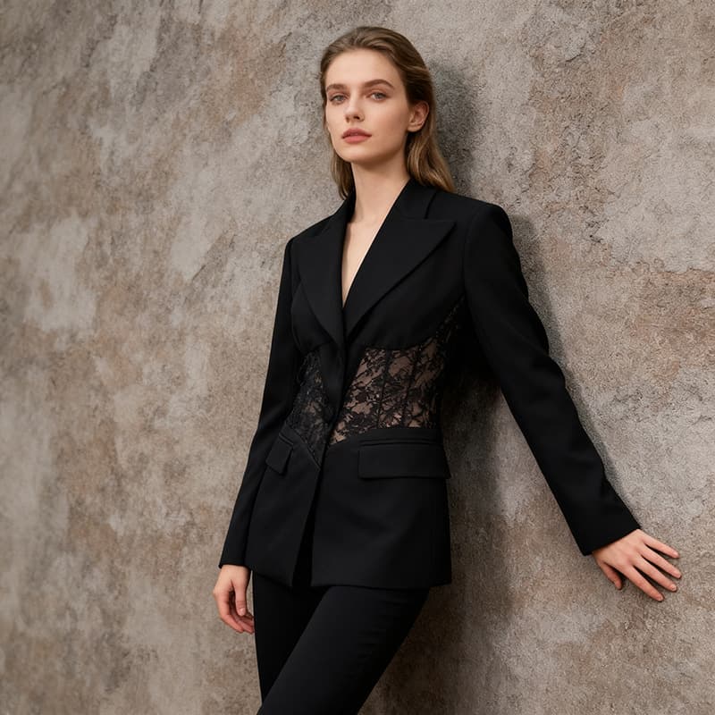 High-End Black Blazer 2026 Summer New Women's Lace Splicing Sexy Waist-Cinching Design Top for Women
