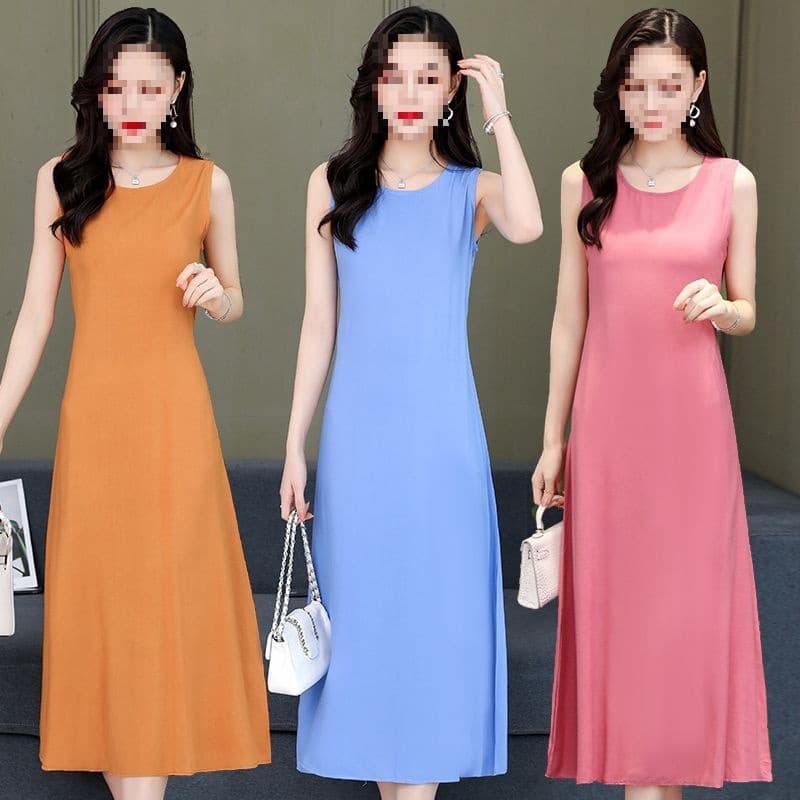 Cotton sleeveless vest dress, long dress, solid color, slimming, loose fit, plus size, suitable for mothers, casual vacation, versatile, flared skirt.