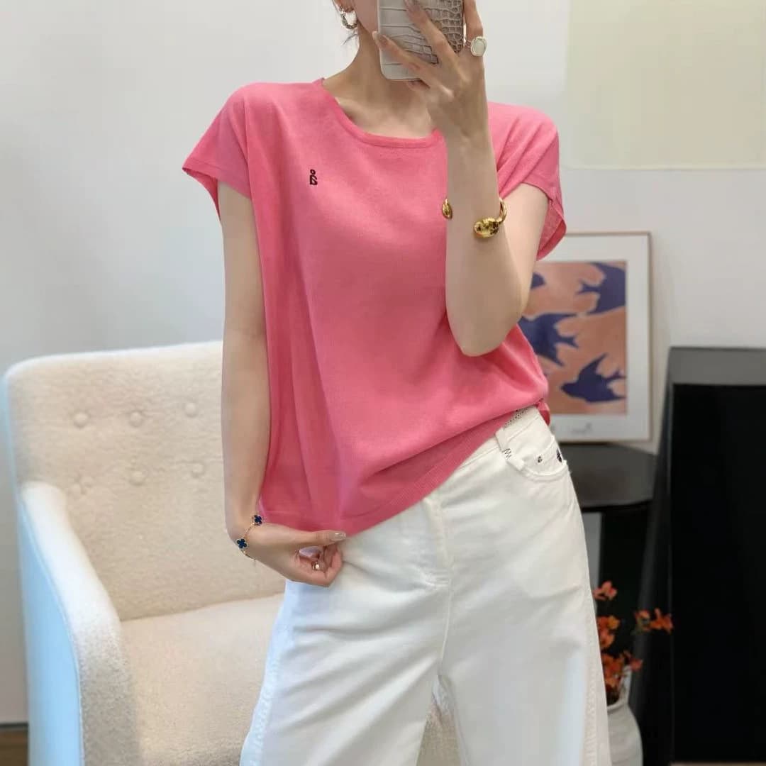 2026 Summer New Lyocell Linen Thin Embroidered Round Neck Short Sleeve T-Shirt for Women / Factory Direct