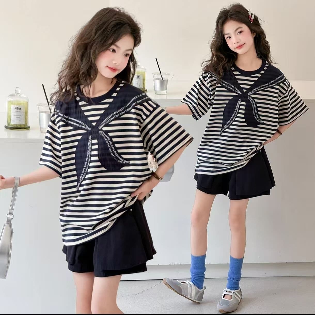 Girls' summer striped T-shirt, medium and large children's casual loose tie T-shirt Korean version versatile navy style short-sleeved top