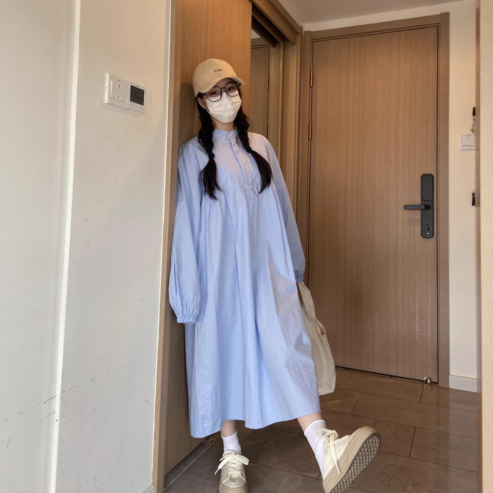 Maternity Dress Blue Plus Size Lazy Style Loose Slimming Conceal Belly Shirt Dress Long Sleeve Maternity Dress