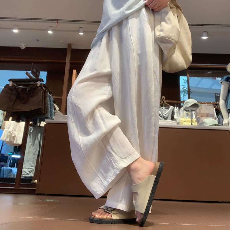 White Balloon Linen Wide-Leg Pants for Women, Summer Thin High-Waisted Loose Casual Petite Cotton-Linen Harem Pants