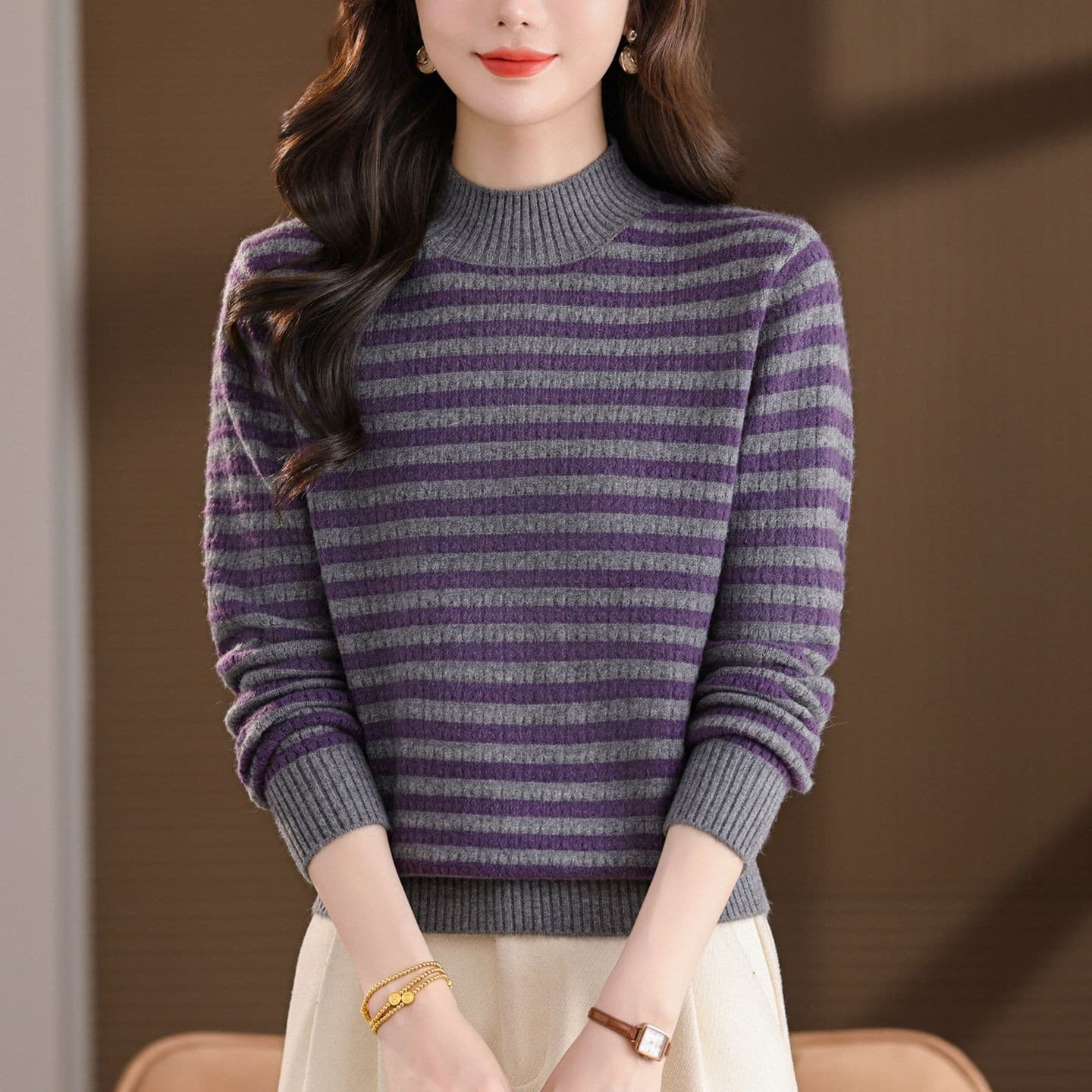 Autumn/Winter Half Turtleneck Striped Sweater for Women Contrast Color Ribbed Knit Top Slim Fit Inner Layer 2026 Winter Base Layer