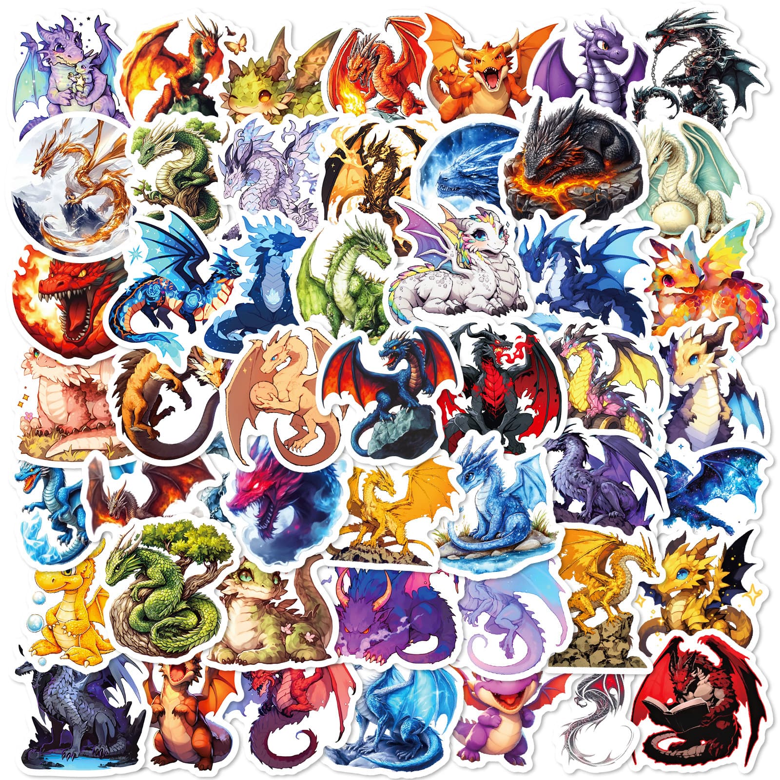 Cross-border Direct Sourcing [Qualified CE.CPC] Amazon 50-Piece Cartoon Fire Wyvern Digital Dinosaur Stickers DIY