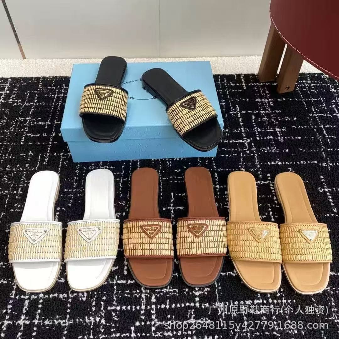 P Family Woven Flat Sandals Women Summer New One-Strap Round Toe Fashion Versatile Casual Loafers Birkenstock Style Shoes