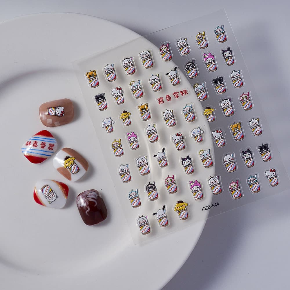 2023 Hot Selling Embossed 5D Nail Art Stickers Cartoon Sauce Latte Nail Wraps Wearable Nail Decorations Waterproof Stickers