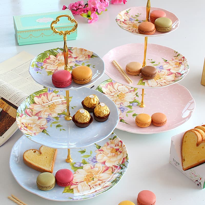 European-style three-tier fruit plate, bone china dessert stand, afternoon tea tray, dried fruit plate, ceramic cake plate