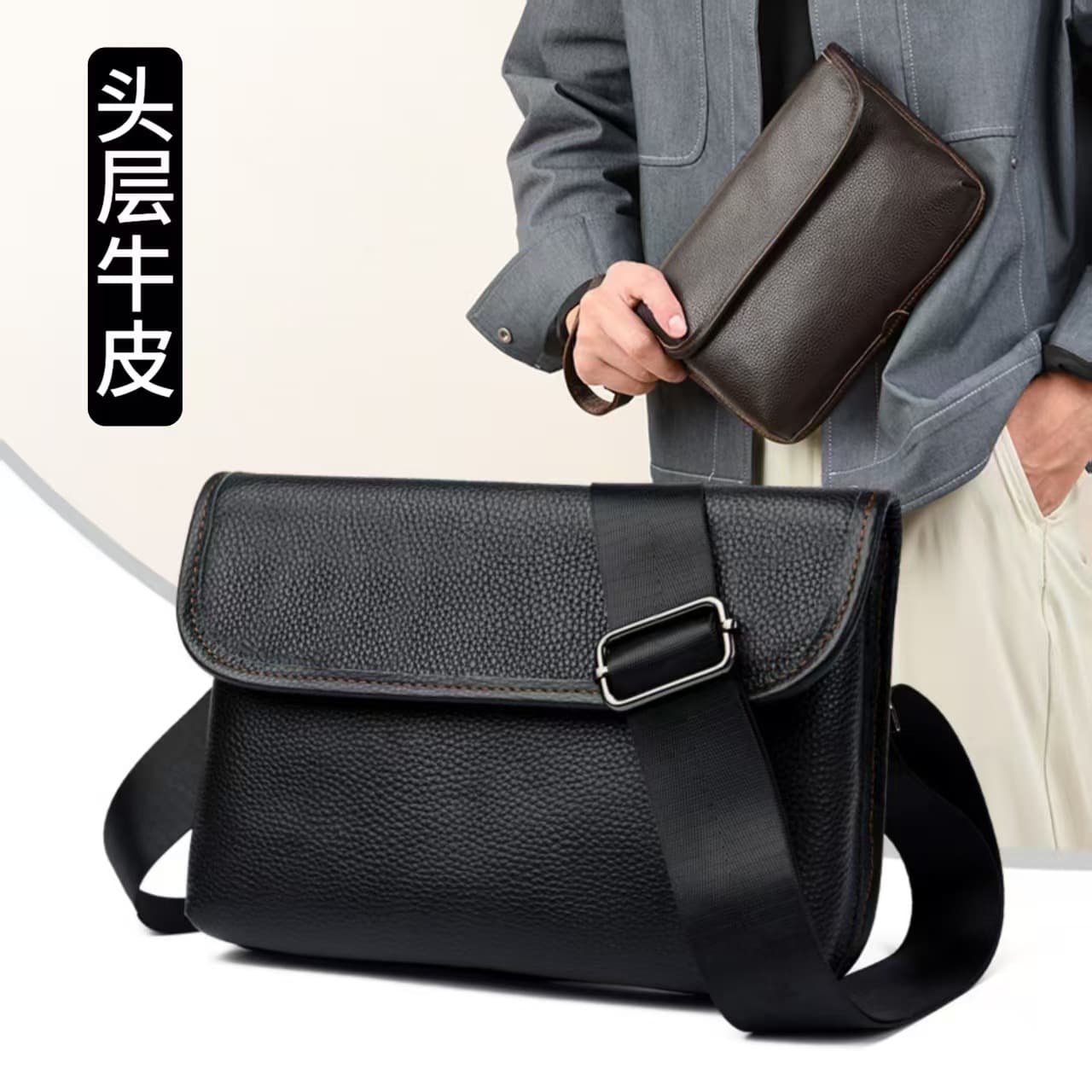 Cross-border delivery first-layer cowhide cross-body bag men's clutch genuine leather shoulder bag clip bag multi-functional casual bag