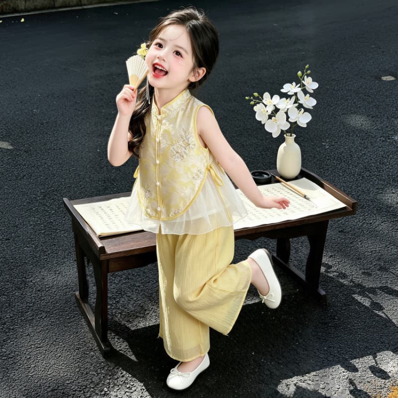 Girls' New Chinese Hanfu Summer Suit 2026 New Children's Western Style National Style Tang Suit Performance Costume Thin Summer Suit