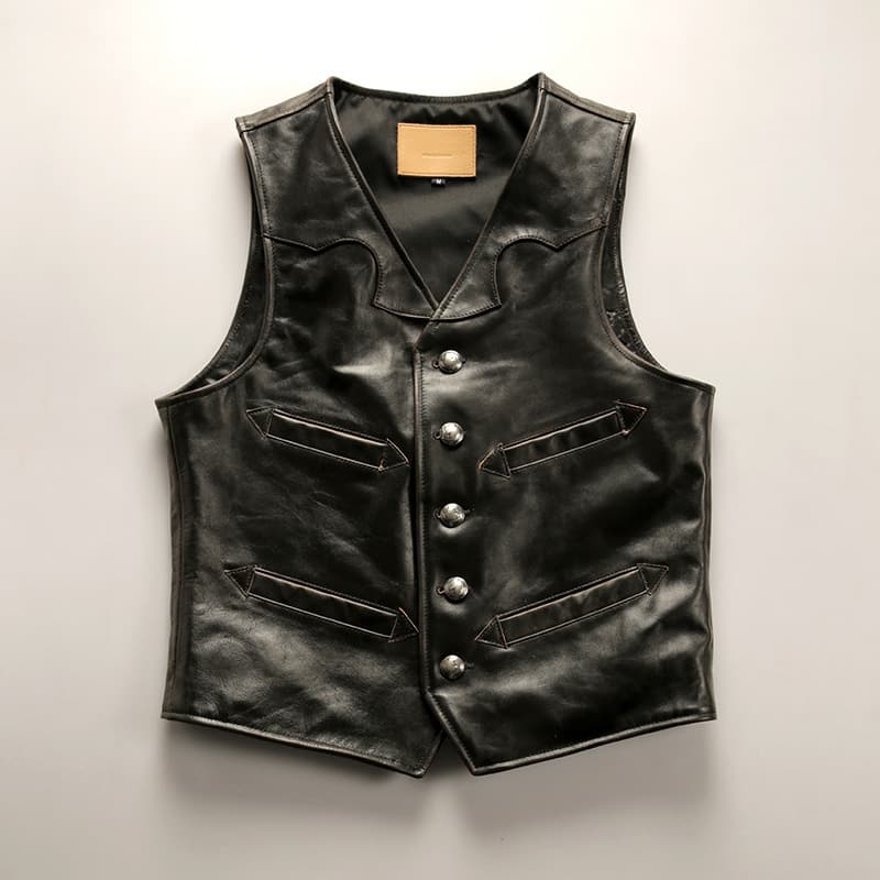 Casual Genuine Leather Vest Men Americana Heavy Wash Hand-Dyed Distressed Motorcycle V-Neck Horsehide Vest