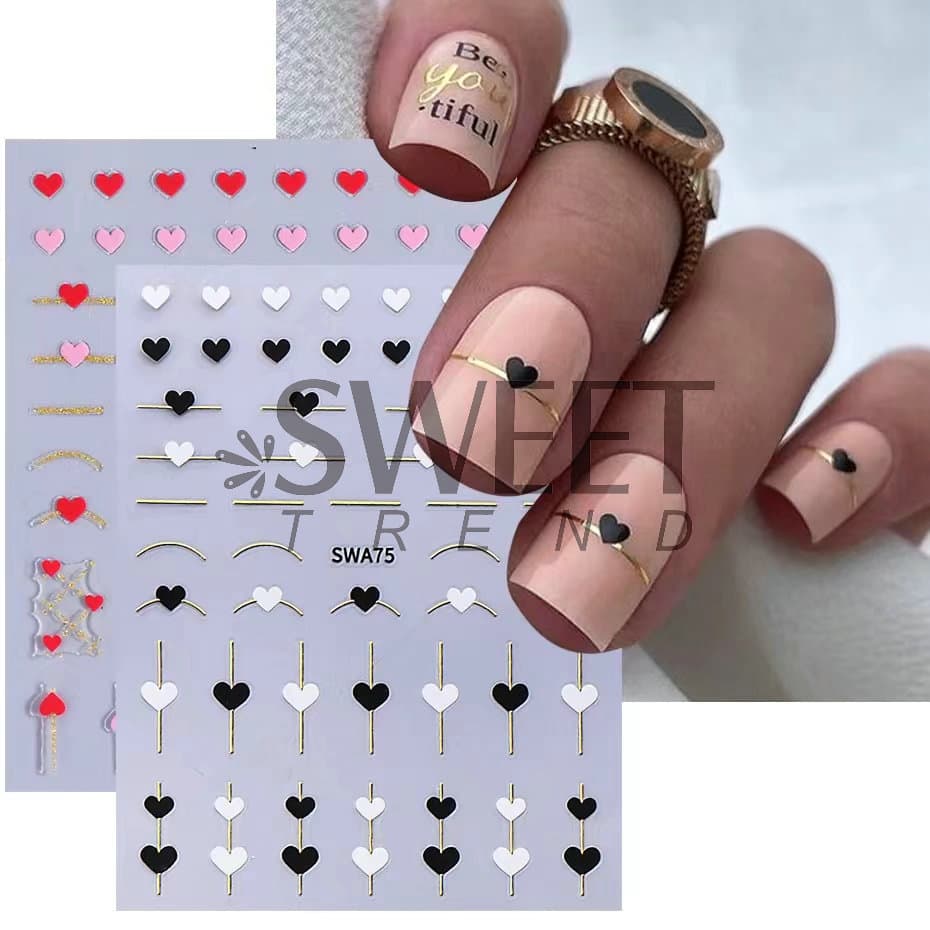 2025 Cross-border New Valentine's Day Nail Stickers 3D Metallic Black White Pink Hearts Minimalist Line Nail Decals