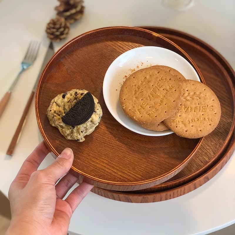 Household snack tea tray dinner plate cafe round snack tray tea tray ins style retro cake wooden tray