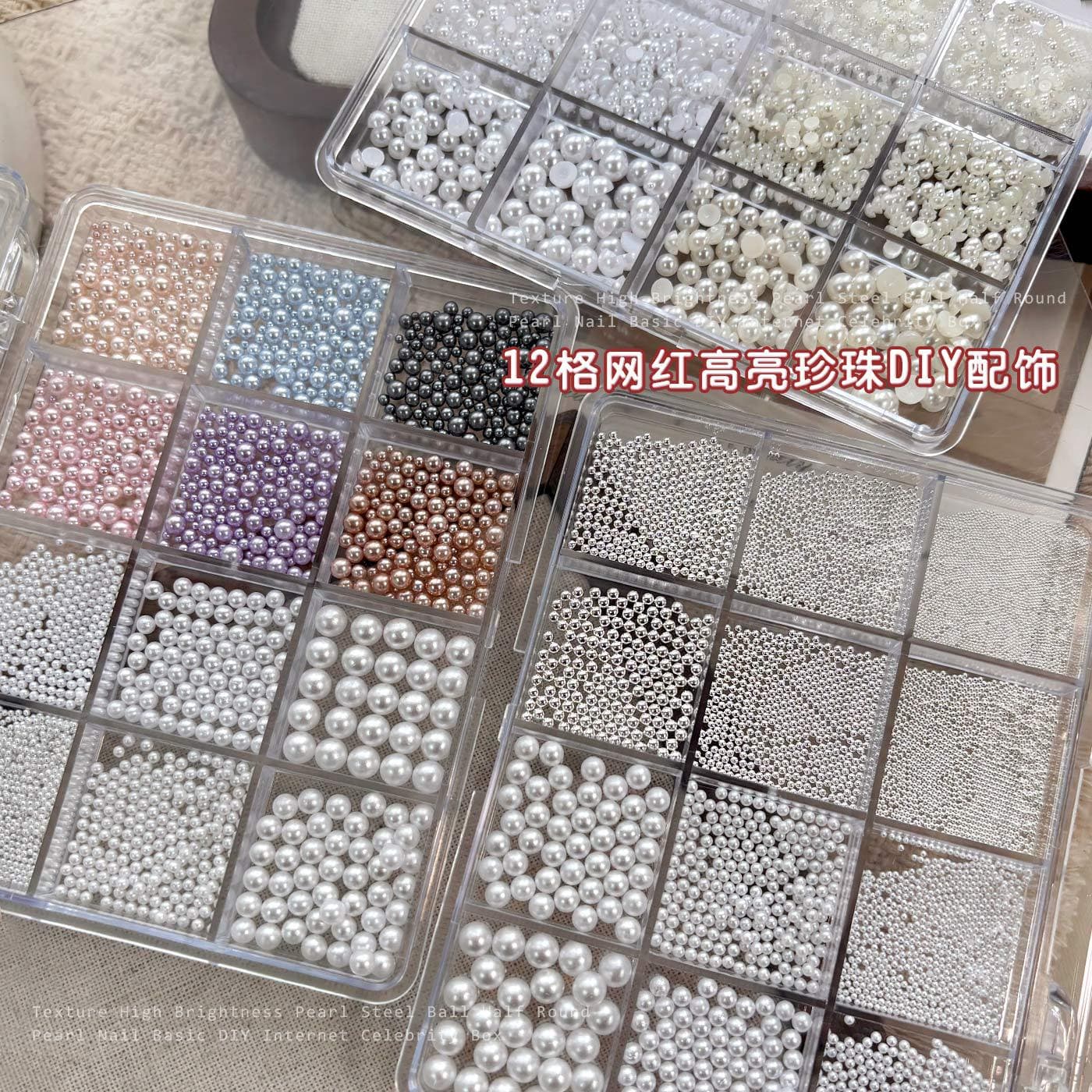 12-grid pearl manicure jewelry round mixed-size steel beads, popular semi-circle flat-bottom white beads, nail accessories, diamond