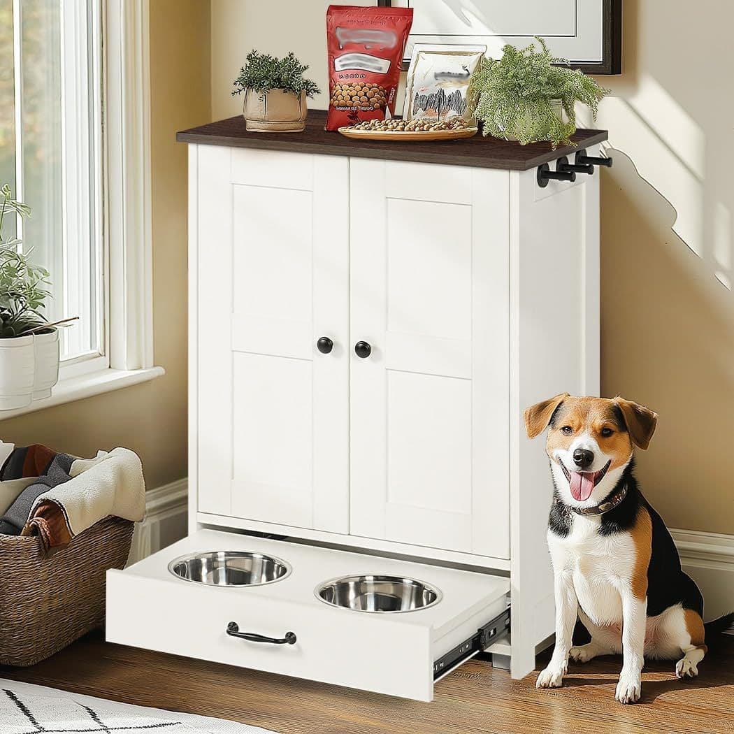 Multi-Functional Pet Dog Food Feeding Station Storage Cabinet with Hidden Elevated Bowls, Feeding Container with Hooks