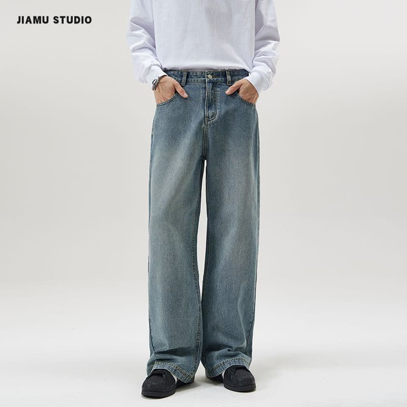 JIAMU American High-Street Unisex Straight-Leg Loose Baggy Jeans Slightly Wide-Leg Denim Pants for Men and Women, Floor-Length Trousers