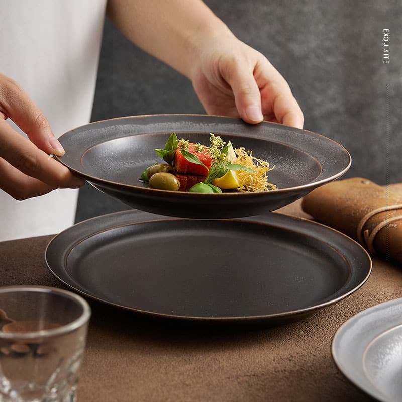 Deep plate flat plate ceramic disc with rim, Nordic simple Western food pasta steak plate, household high-end dinner plate