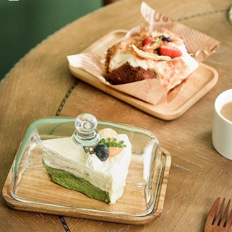 Wooden Square Dessert Pastry Tray with Snack Baking Display, Tea Cake Glass Tray with Glass Dome