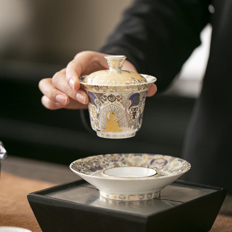 Dunhuang Gold and Silver Inlay Thangka Gaiwan, Exquisite Ceramic Kung Fu Tea Set, Chinese Warm and Simple Kung Fu Tea Brewing Bowl
