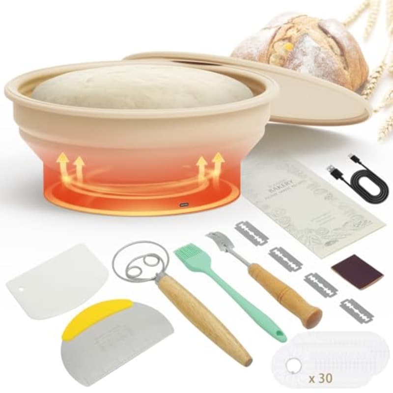 Heated Sourdough Bread Proofing Basket Set, Electric Thermostatic Silicone Batter Bowl, Sourdough Baking Supplies