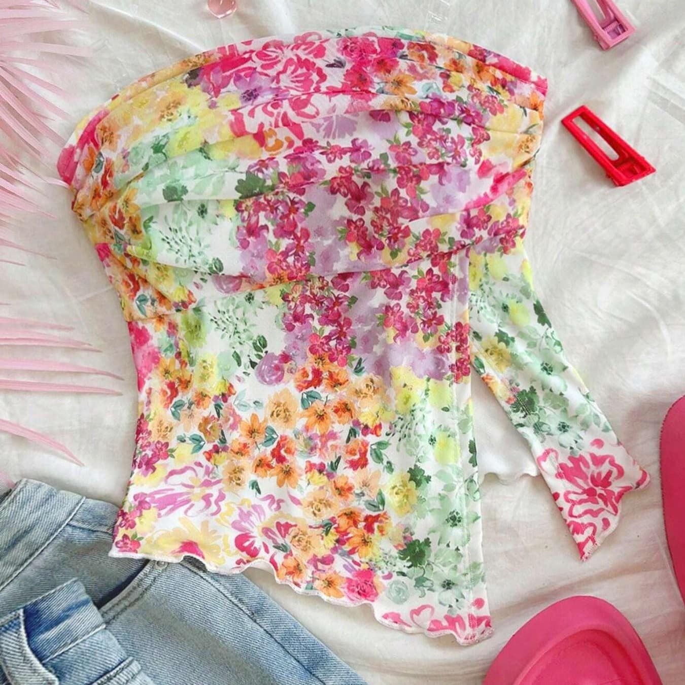 Cross-border Amazon Sweet Spicy Pure Desire Floral Camisole Top Transparent Straps Shirred Ruffle Crop Top