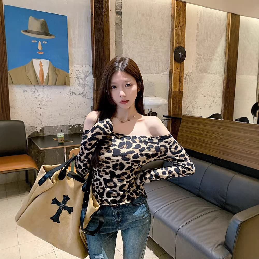 Cross-border Trade American Style Leopard Print Off-Shoulder Long-Sleeve T-Shirt Women's 2026 Early Autumn New Arrival Export European and American Trendy Top