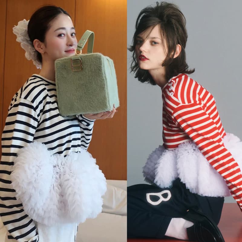 Actual shot of autumn new personalized black and white striped pleated mesh skirt long-sleeved T-shirt small shirt for women