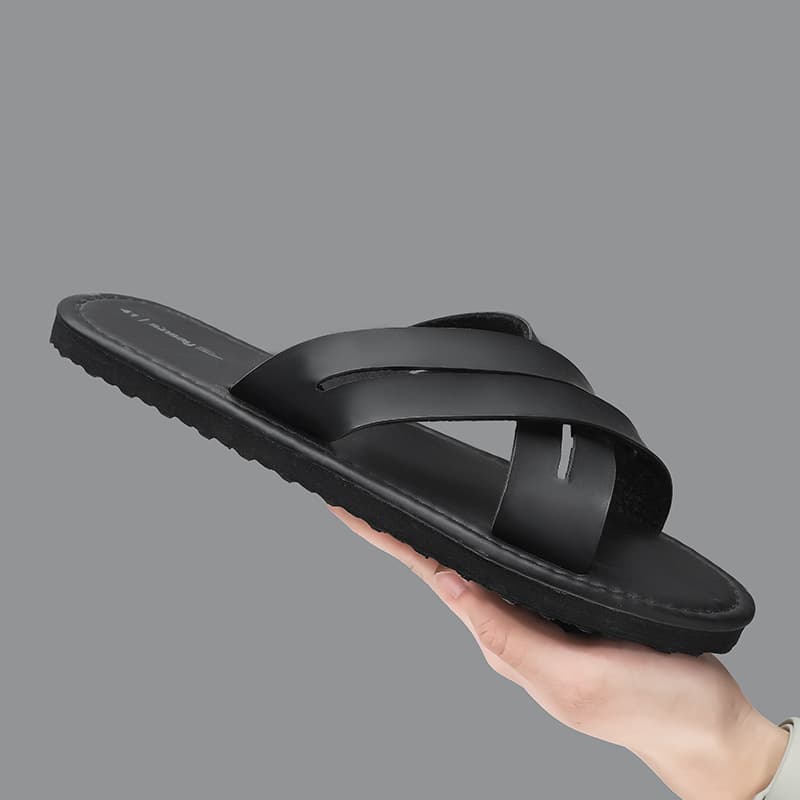 2026 Summer New Men's Flat One-Strap Sandals Black High-End Fashion Casual Roman Sandals Beach Shoes