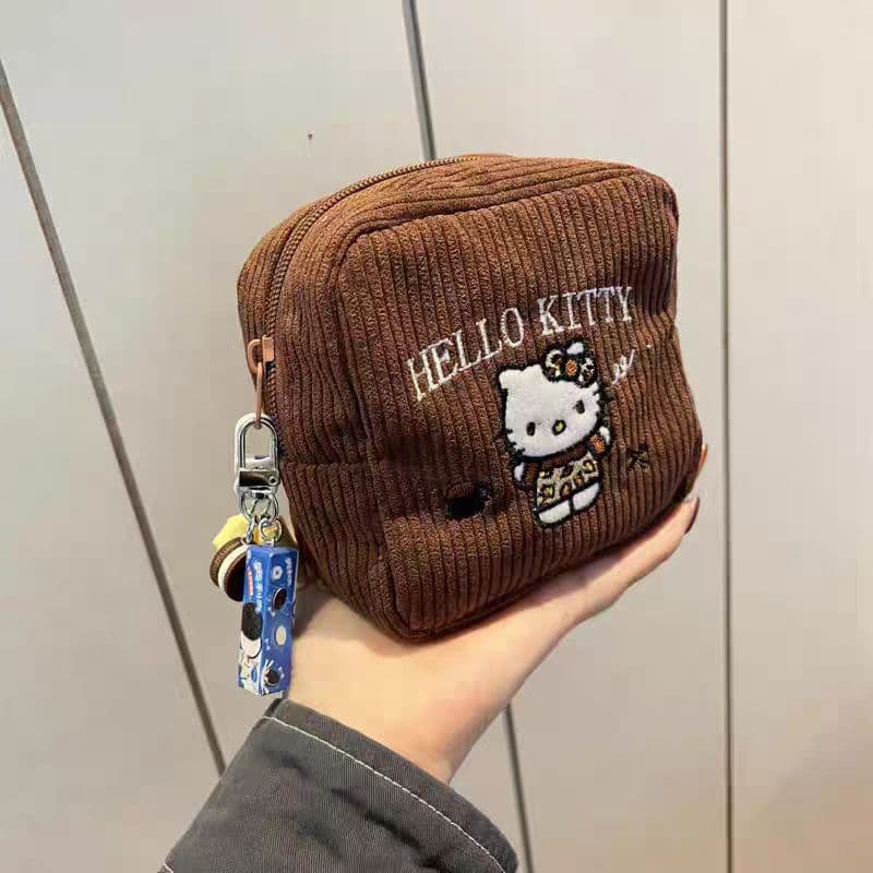 Cute Cartoon Small Square Cosmetic Bag, Sanitary Pad and Sundries Inner Pouch, Corduroy Embroidered Kitty Storage Bag