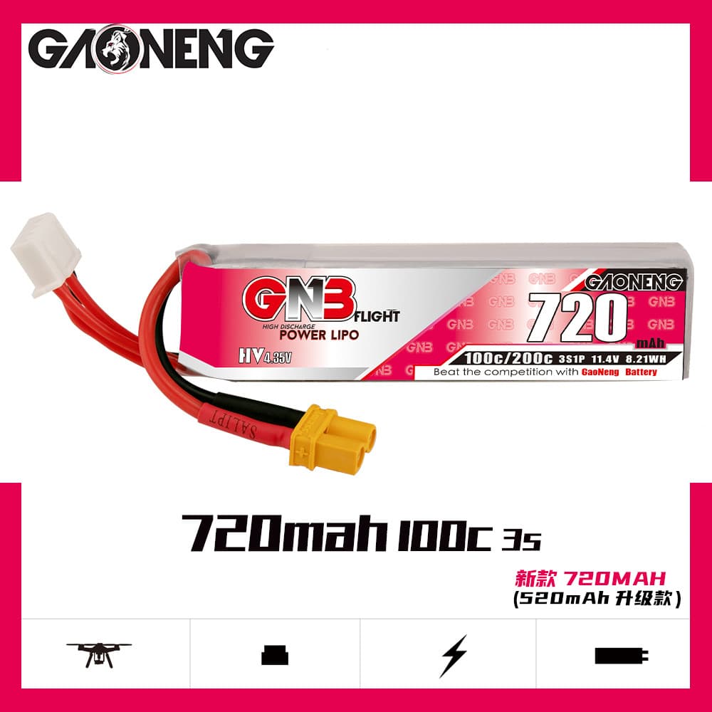 High-performance GNB 720mAh 3S 11.4V 100C HV RC Drone FPV LiPo Battery GAONENG LiPo
