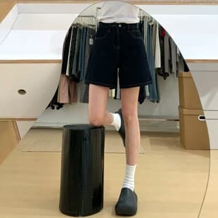 Hong Kong Retro Dark Blue High-Waist Denim Shorts for Women Summer Trendy Loose Slimming Versatile Straight-Leg Denim Shorts