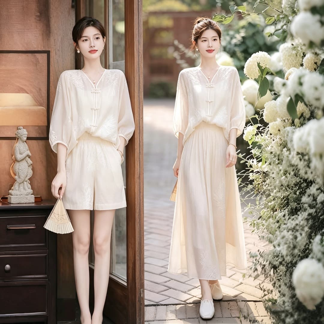 New Chinese Style National Trend Set Women Summer 2026 New Embroidery Top Shorts Skirt Three-Piece Set