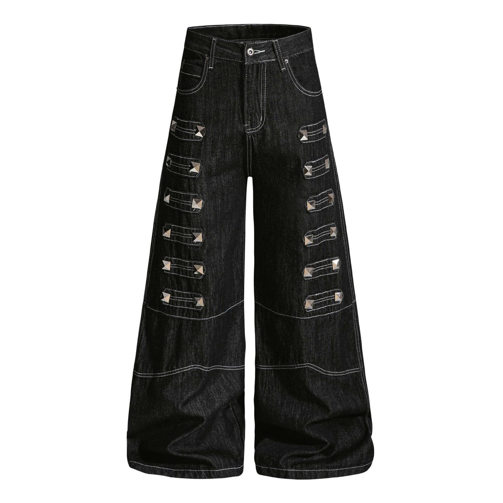 Spring/Summer Dark YK Style Punk Heavy-Duty Jeans for Men and Women with Rivet Decoration, Wide-Leg Straight Pants
