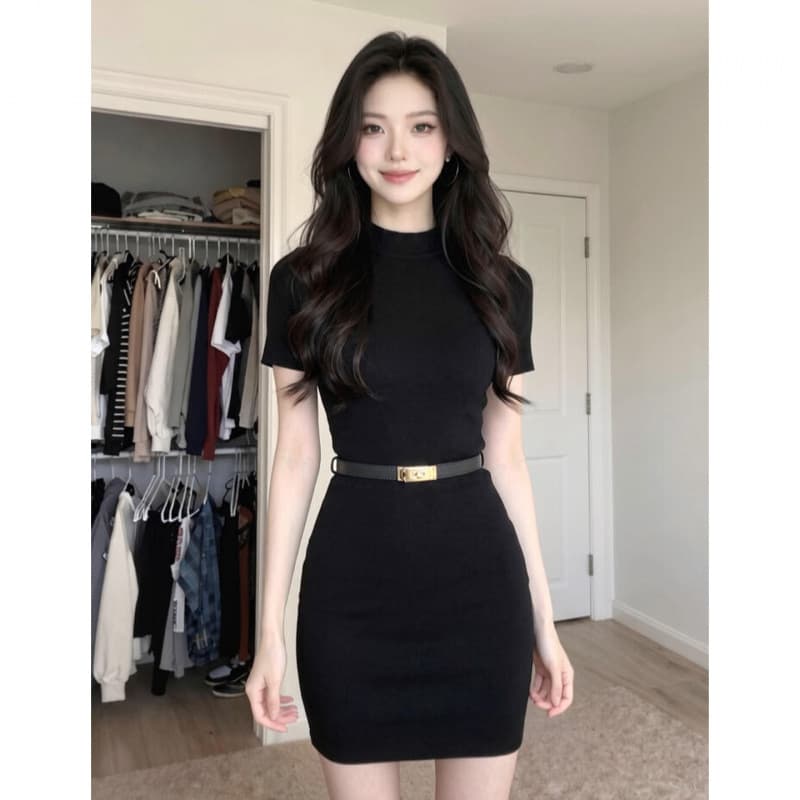 2026 New Premium Black Short Sleeve Dress Women's Summer Chic Fitted Bodycon Dress Elegant Mini Dress