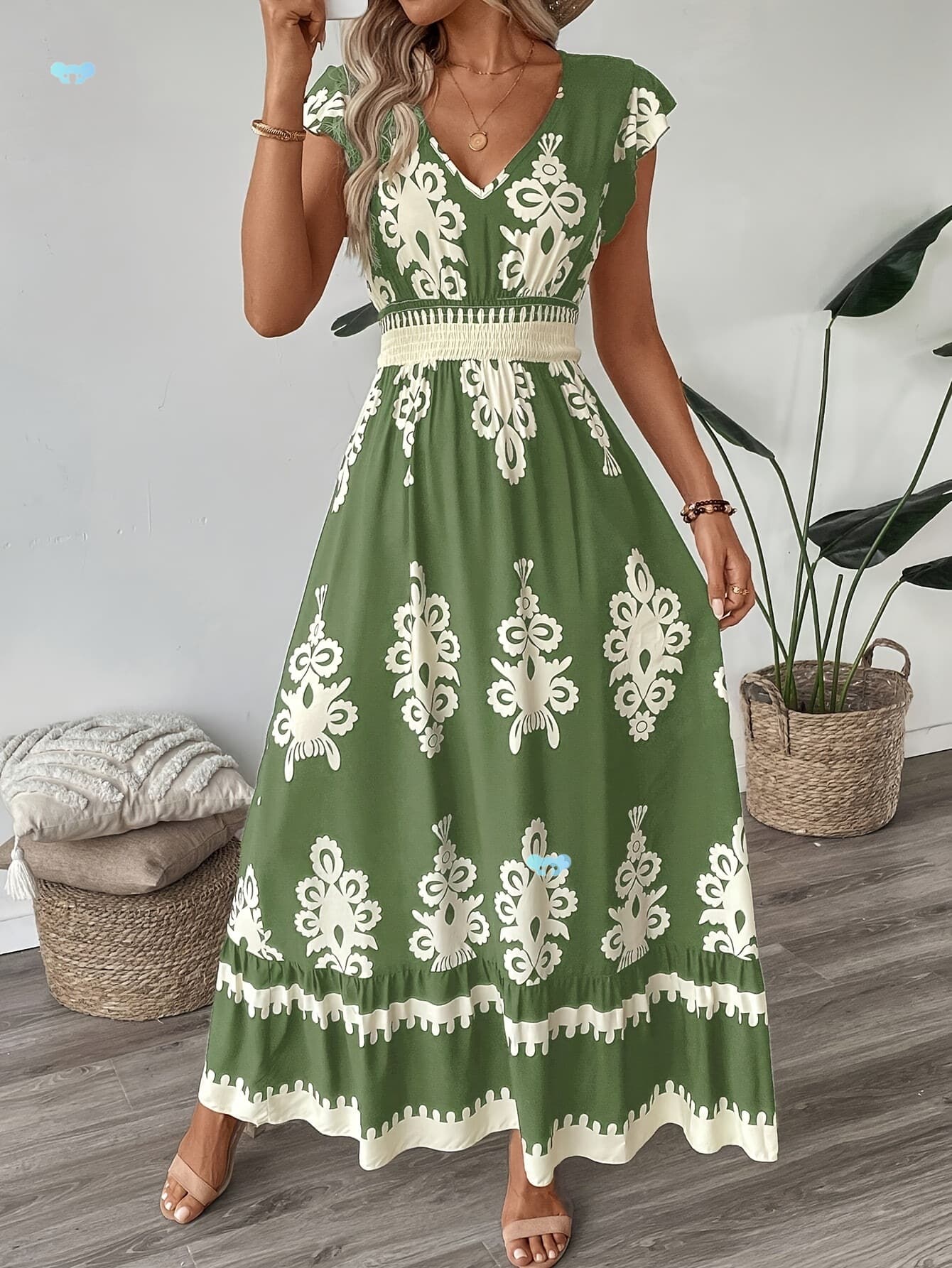 Women's Navy Blue Floral Print V-Neck A-Line Dress with