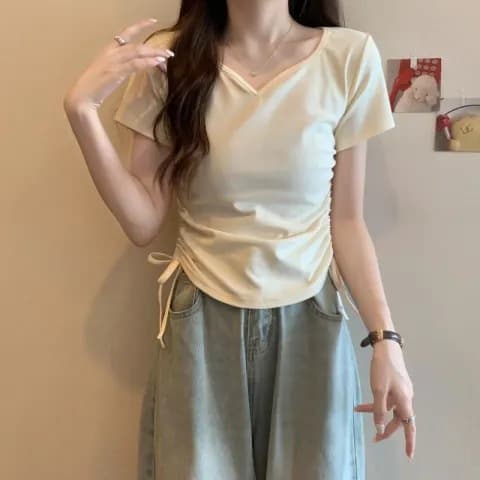 Ribbed Top Women Summer New Korean Style Drawstring Cropped Short Sleeve T-Shirt Women's Fashion Slim Fit V-Neck Base Top Wholesale