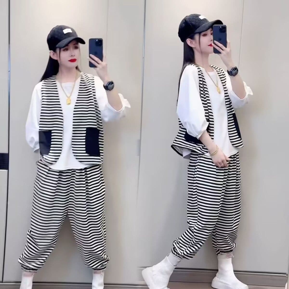 European Style Striped Fashion Casual Set Women 2026 Summer New Three-Quarter Sleeve Top + Vest + Pants Three-Piece Set