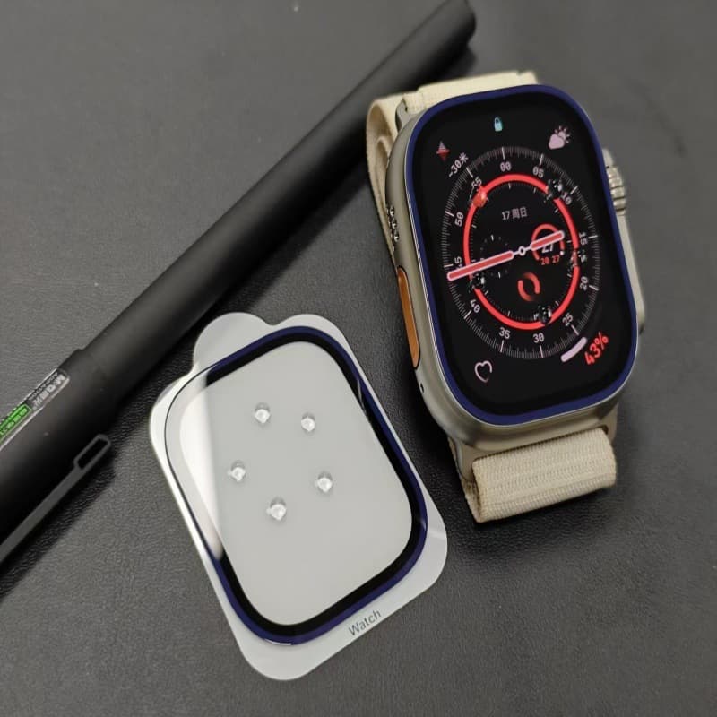 Compatible with Apple Watch 49 tempered glass screen protector, distant peak blue silk screen with base plate